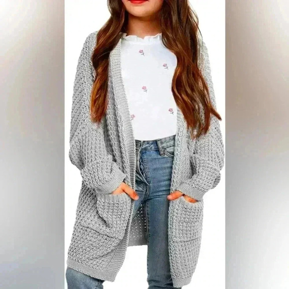 SySea Girls Batwing Long Sleeve Cardigan Open Front Knit Sweaters Grey SZ 13-14 - Picture 1 of 6